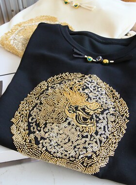 精品货~手工钉珠刺绣龙图案T恤女短袖内搭外穿春秋夏上衣韩版2025