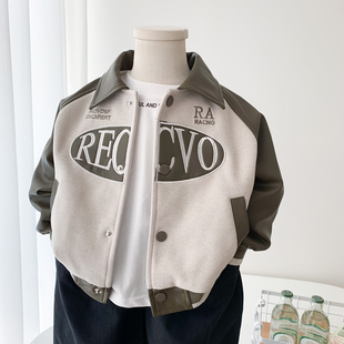 潮酷 中小童帅气休闲夹克衫 男童外套春秋儿童拼接皮衣2024新款 韩版