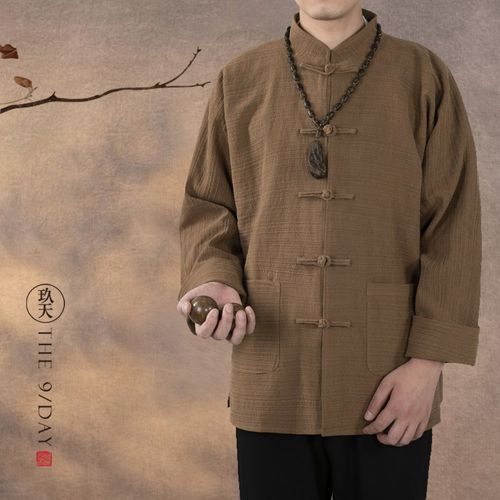 春季中国风男装亚麻长袖衬衫复古棉麻盘扣衬衣新中式外套立领唐装