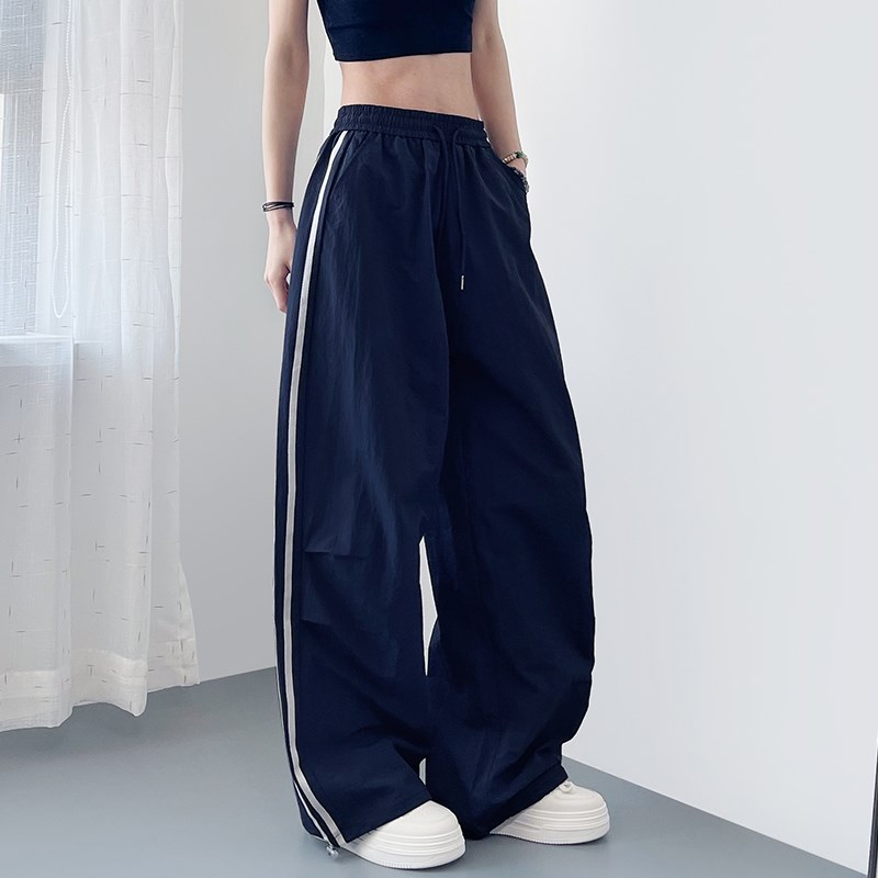 大码条纹运动裤女夏季胖mm宽松遮肉酷飒休闲裤高腰抽绳直筒阔腿裤