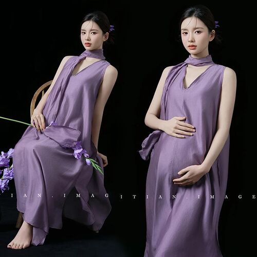影楼新款简约孕妇拍照服装纯欲高级感紫色连衣裙孕妈咪大肚照写真