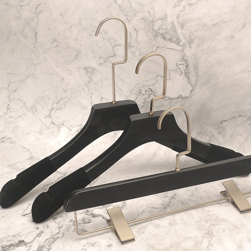 韩版开女服装店实木衣架头植绒防滑婚纱无痕黑色实木衣架LOGO定制