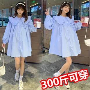 大码孕妇衬衣春装时尚胖MM减龄宽松连衣裙娃娃衫上衣中长款200斤