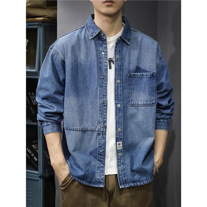 2025春季潮牌设计感拼接牛仔衬衫男美式水洗长袖衬衣宽松翻领外套,男装,牛仔衬衫,淘宝优惠券,粉丝福利购,淘宝优惠卷