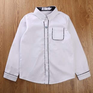 男童白衬衫长袖蓝边有口袋纯棉衬衣男孩儿童装春秋装学生校服班服