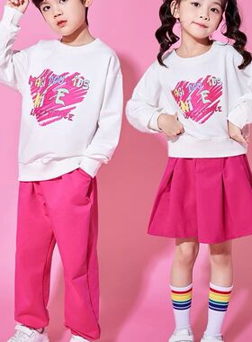 儿童啦啦队演出服小学生运动会服装幼儿园玫红色裙裤合唱表演套装