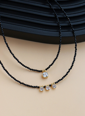 高级感黑色水晶锆钻珍珠吊坠项链女设计感小众复古个性颈链锁骨链