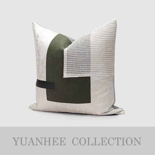 新中式简约奢华客厅靠垫样板房抱枕抽象米白色墨绿色几何拼接靠包