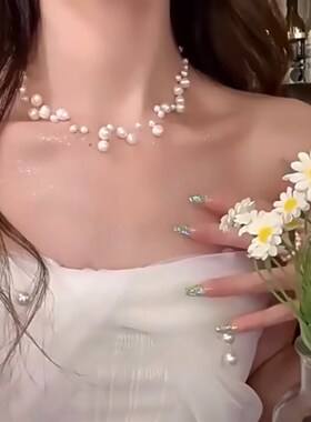 白色淡水珍珠简约颈链项链颈饰颈带多层隐形气质复古锁骨链女网红