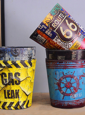 美式复古PU皮革垃圾桶 创意时尚家居摆件工艺品几何 收纳桶装饰品