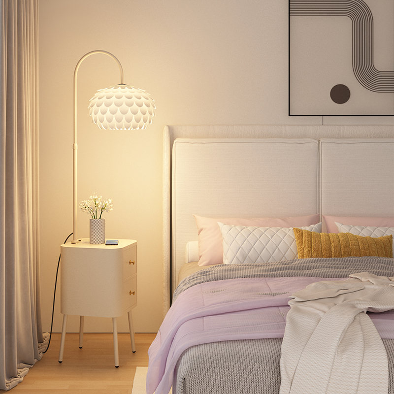 2023新款牀头柜一体落地灯卧室设计感简约现代奶油风客厅沙发台灯