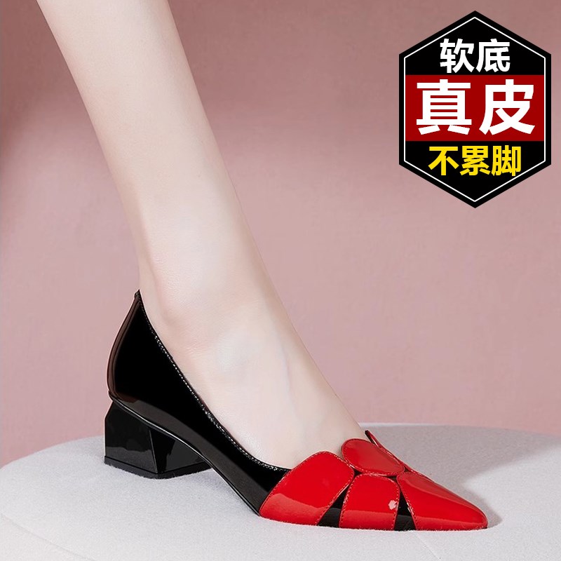 【时尚漆皮】2025春季新款中跟真皮粗跟四季鞋红色高跟鞋单鞋女鞋