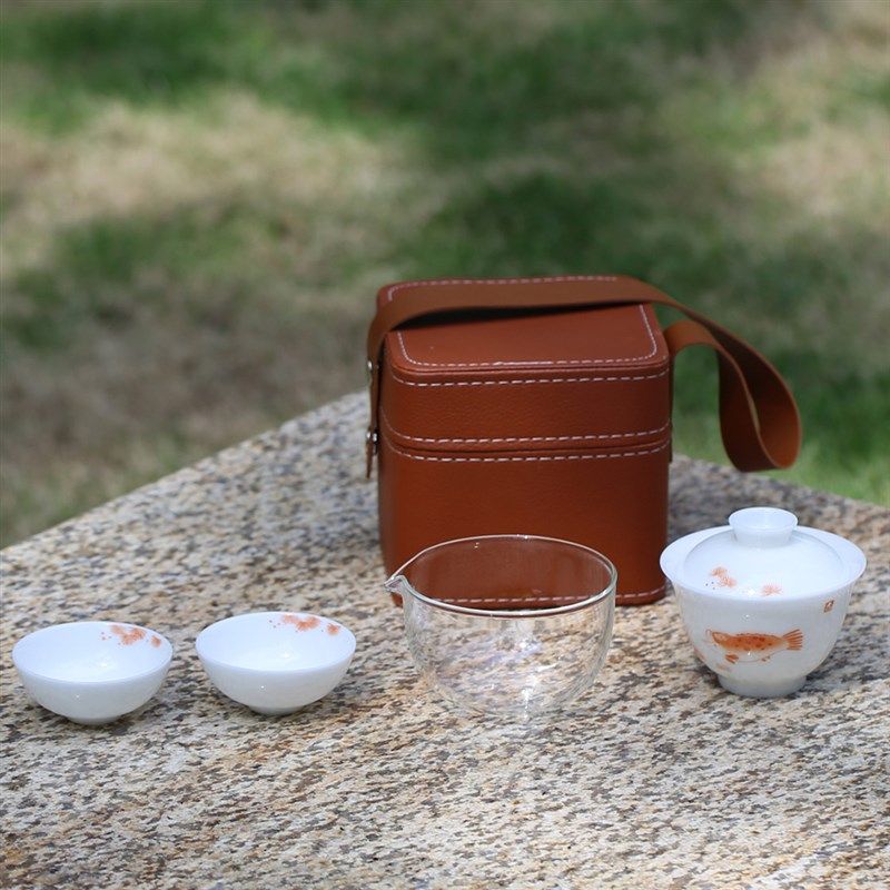 高档旅行茶具冰种玉瓷一盖碗两杯纯手绘鱼藻泡茶碗套装皮革茶事包,餐饮具,旅行茶具,淘宝优惠券,粉丝福利购,淘宝优惠卷