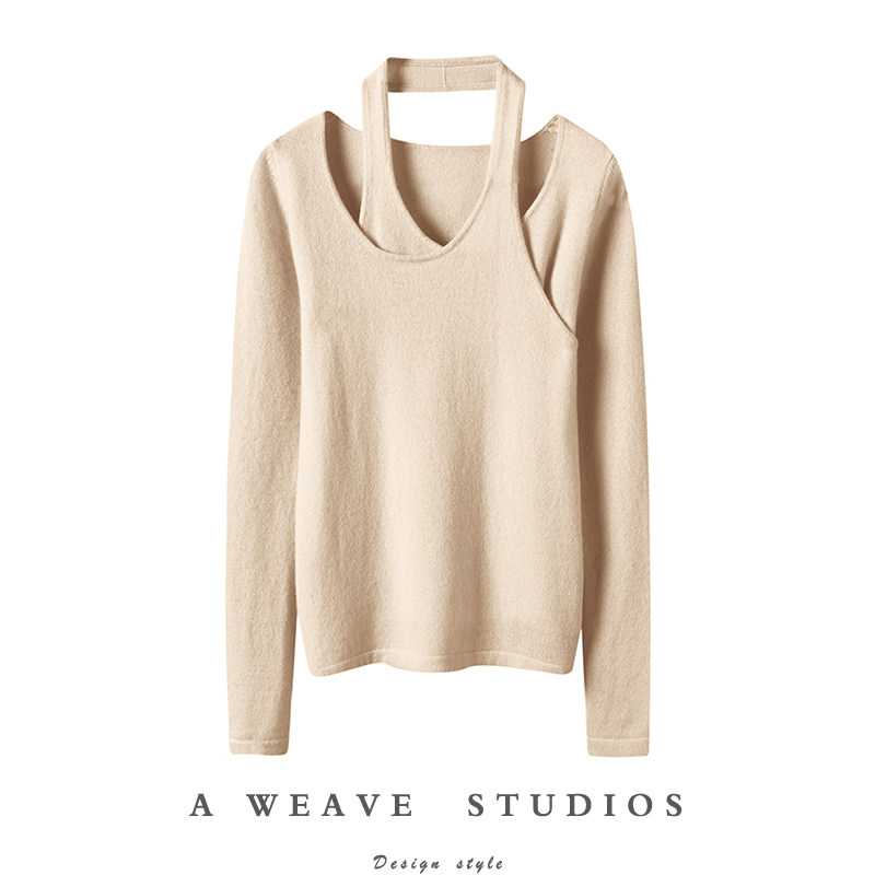 时髦腔调范儿~挂脖圆领山羊绒衫女纯羊绒毛衣针织衫露锁骨,女装/女士精品,羊绒衫,淘宝优惠券,粉丝福利购,淘宝优惠卷