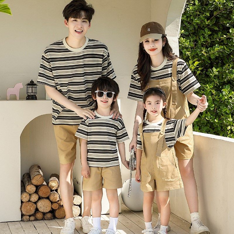 亲子装夏季一家四口装条纹t恤潮 高端三口全家套装母女背带裤春装