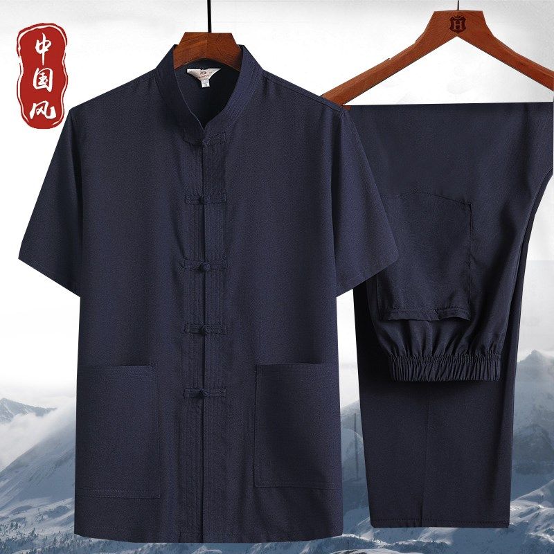 中老年短袖唐装男套装夏季棉麻衬衫爸爸装休闲宽松男士衬衫爷爷装,男装,唐装,淘宝优惠券,粉丝福利购,淘宝优惠卷
