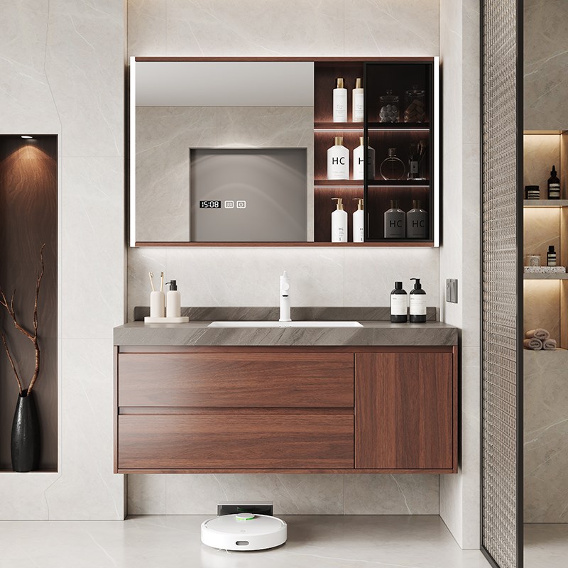 中古风胡桃木色i岩板陶瓷一体盆浴室柜卫生间洗漱台洗手盆柜组合