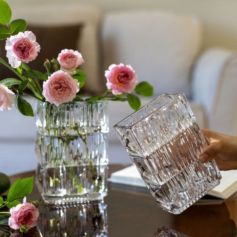 花瓶摆件客厅插花玻璃透明水晶网红轻奢高级感水T养玫瑰鲜花餐桌