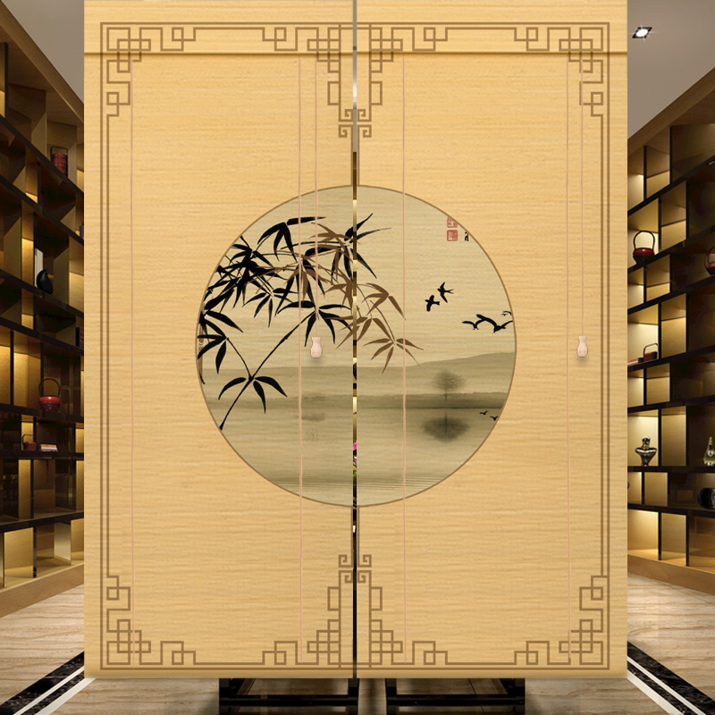 竹帘中式卷帘g隔断茶道遮光茶室装饰百叶窗帘门帘家用印花复古屏