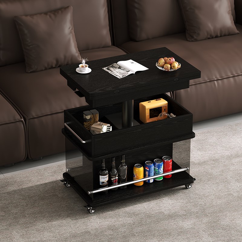 黑色意式极简移动茶几可升降折叠长方形多功能客S厅小推车沙发边