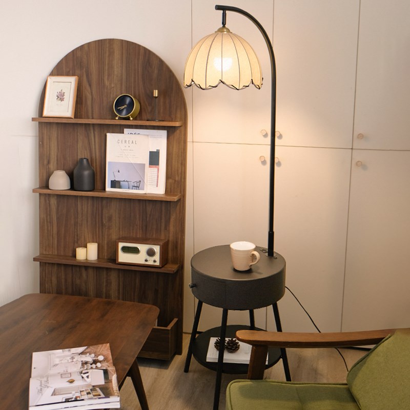 中古风客厅落地灯氛围感沙发边置物F床头柜一体卧室立式落地台灯