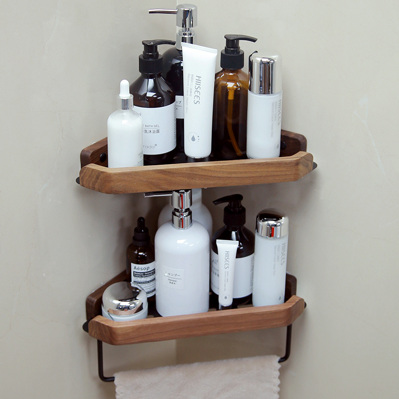 胡桃木浴室三角置物架免打孔洗手C间洗漱台壁挂三角架转角墙收纳