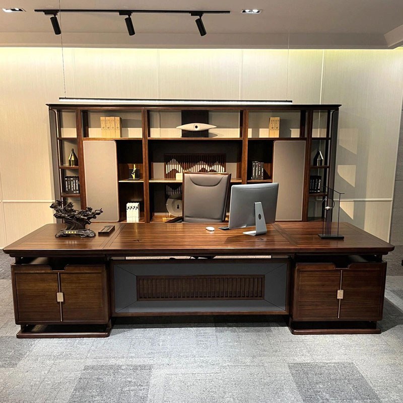 实木总经理办公室新中式大班台办公桌书柜M老板椅黑檀爱里古夷苏