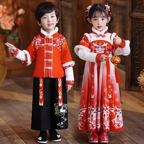 拜年服男童冬季女童过年演出服加厚红色唐装儿童古装汉服新年套装