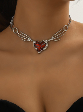 欧美甜酷风鬼骷髅爪拼接红色爱心项链纯欲风设计感气质百搭锁骨链