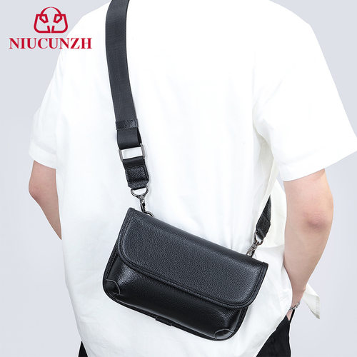 街头潮流单肩虎头包头层牛皮胸前小包轻奢男包ins真皮斜跨潮酷包