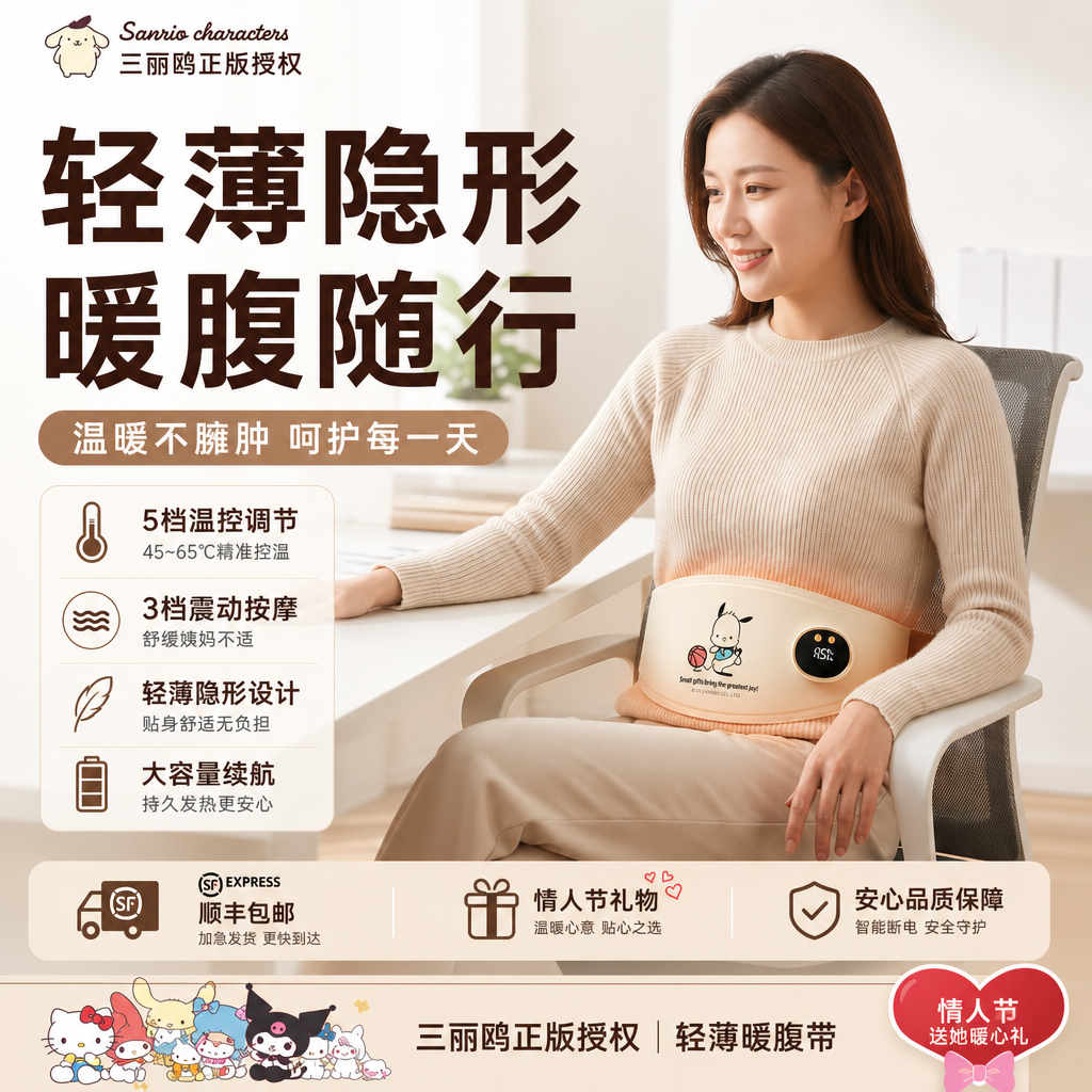 三丽鸥超薄暖宫腰带按摩姨妈暖肚子月经缓解痛经热敷护腰生日礼物