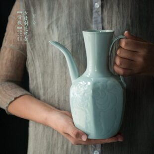 【清欢】插花器仿宋湖田窑影青釉刻花六棱执壶宋点茶练习比赛茶壶