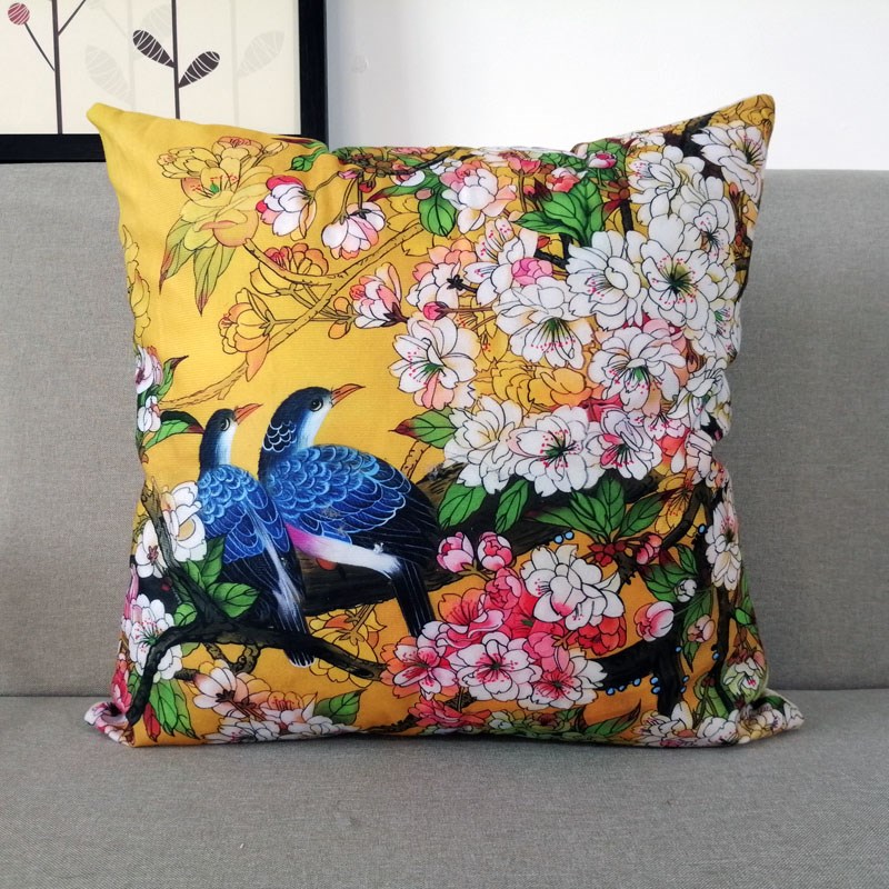 中式水墨花e鸟抱枕禅意书房茶室靠垫中国风创意办公沙发客厅靠背