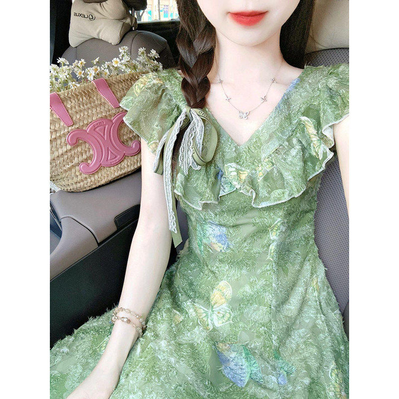 法式绿色碎花洋装女夏202