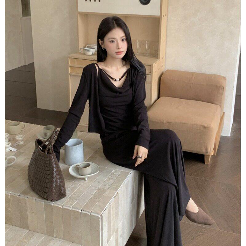 大尺码胖mm秋女2025新款贵气感御姐穿搭针织吊带开衫阔腿裤三件套
