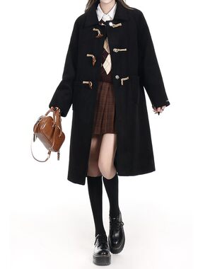 牛角扣黑色呢子大衣女202