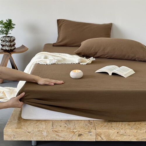 简约纯色纯棉双层纱亲肤床笠单件 全棉皱皱纱亲肤裸睡床垫保护套