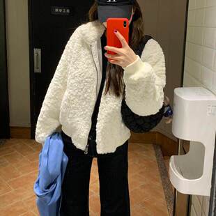 羊羔毛外套女冬季短款加厚洋派小个子羊羔绒翻领白色保暖棉服上衣