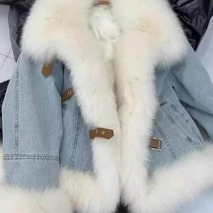 韩系羽绒服大毛领蓝色牛仔外套女冬季夹绒加厚保暖皮草毛绒大衣