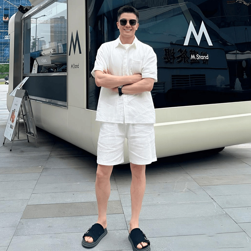 轻熟男士翻领短袖亚麻衬