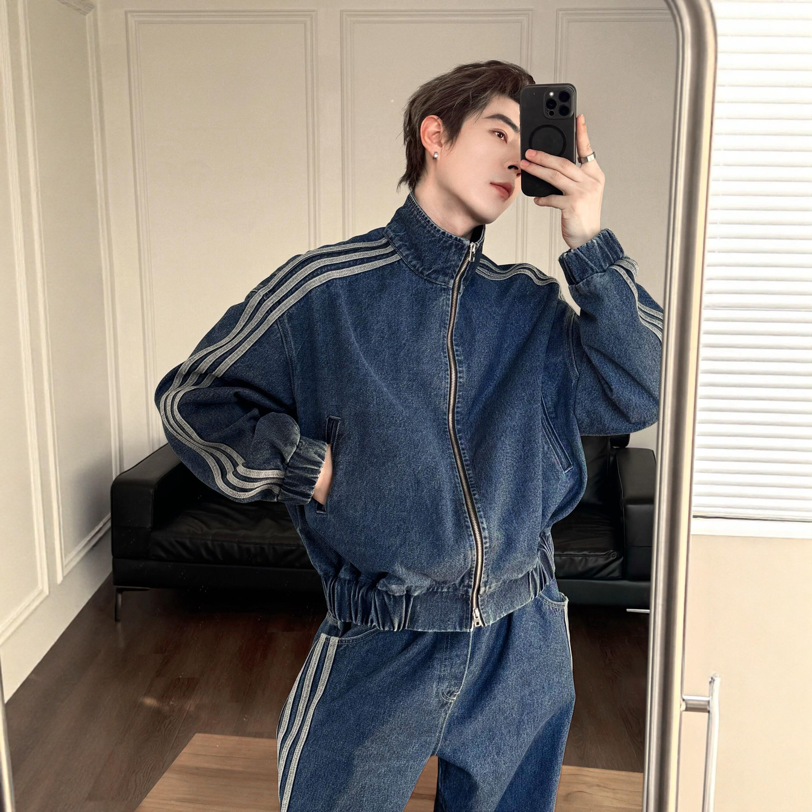 复古运动风牛仔套装男秋