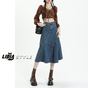 拼接设计感小众中长款 A字鱼尾裙子 2023新款 高腰牛仔半身裙女春季
