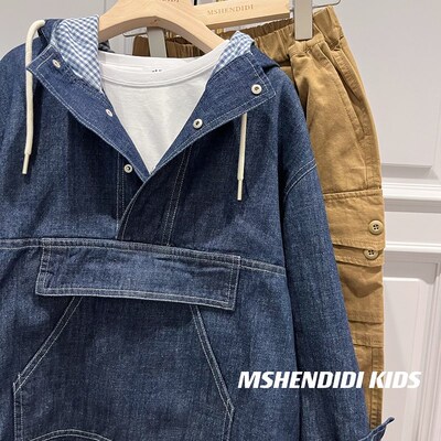 秋冬款夹棉 男童套头牛仔上衣2023秋季新款韩版儿童长袖厚棉T外套
