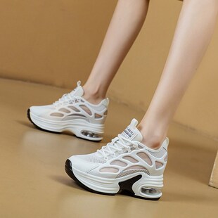 高端品质女士2025夏季女鞋款内增高8cm松糕坡跟厚底休闲运动网鞋