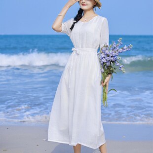 白色连衣裙高级感女夏天薄款文艺棉麻中袖宽松显瘦高端苎麻中长裙