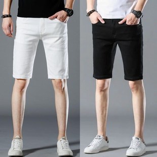 2024夏季薄款修身中裤男款休闲白色牛仔短裤弹力男士显瘦五分裤子