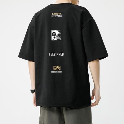 美式高街加肥加大黑色短袖t恤男款夏季潮流潮牌宽松大码胖子上衣