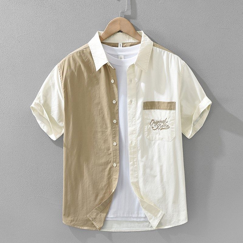 日系个性拼接刺绣纯棉短袖衬衫男士夏季时尚百搭文艺休闲宽松上衣,男装,秀禾服,淘宝优惠券,粉丝福利购,淘宝优惠卷