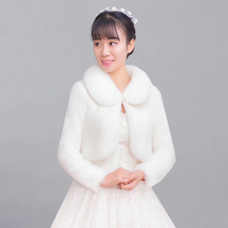 秋冬新娘婚纱长袖毛披肩结婚礼服披肩加厚保暖仿皮草女短款外套白