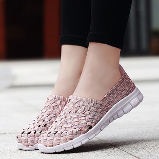 纯手工编织鞋女一脚蹬浅口平底休闲鞋一脚套编织网鞋弹力皮筋鞋女